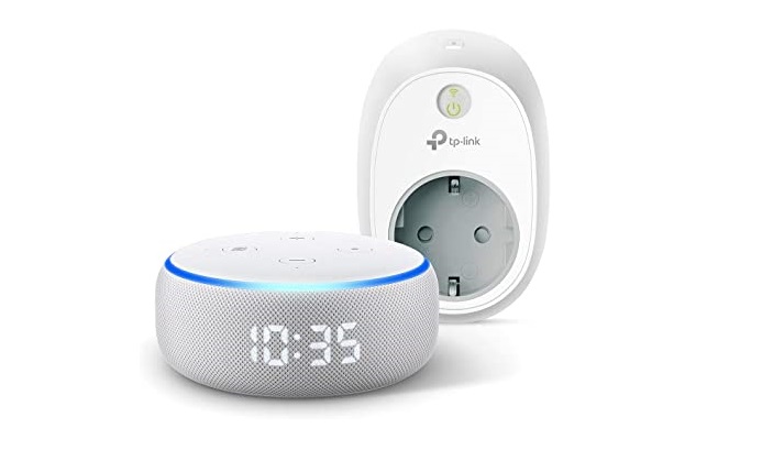 Amazon Echo Dots with clock and Alexa Glazier white